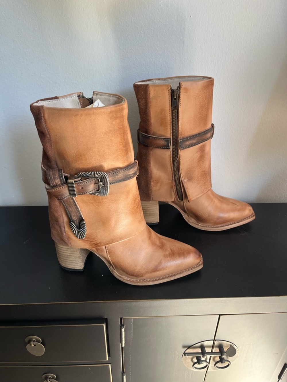 Freebird by Steven Cognac Leather Mid-Calf Buckle Heeled Boots